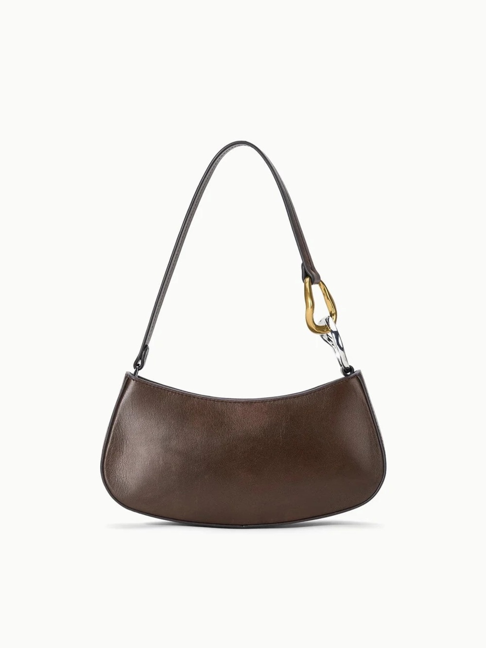 STAUD Ollie Bag Distressed Espresso Leather Shoulder Bag with Gold Accent